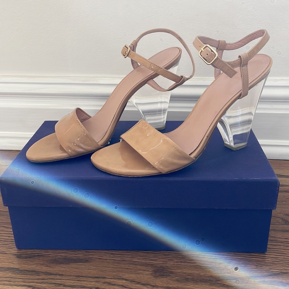 Stuart Weitzman Theone Patent Leather and Lucite Heels in Adobe